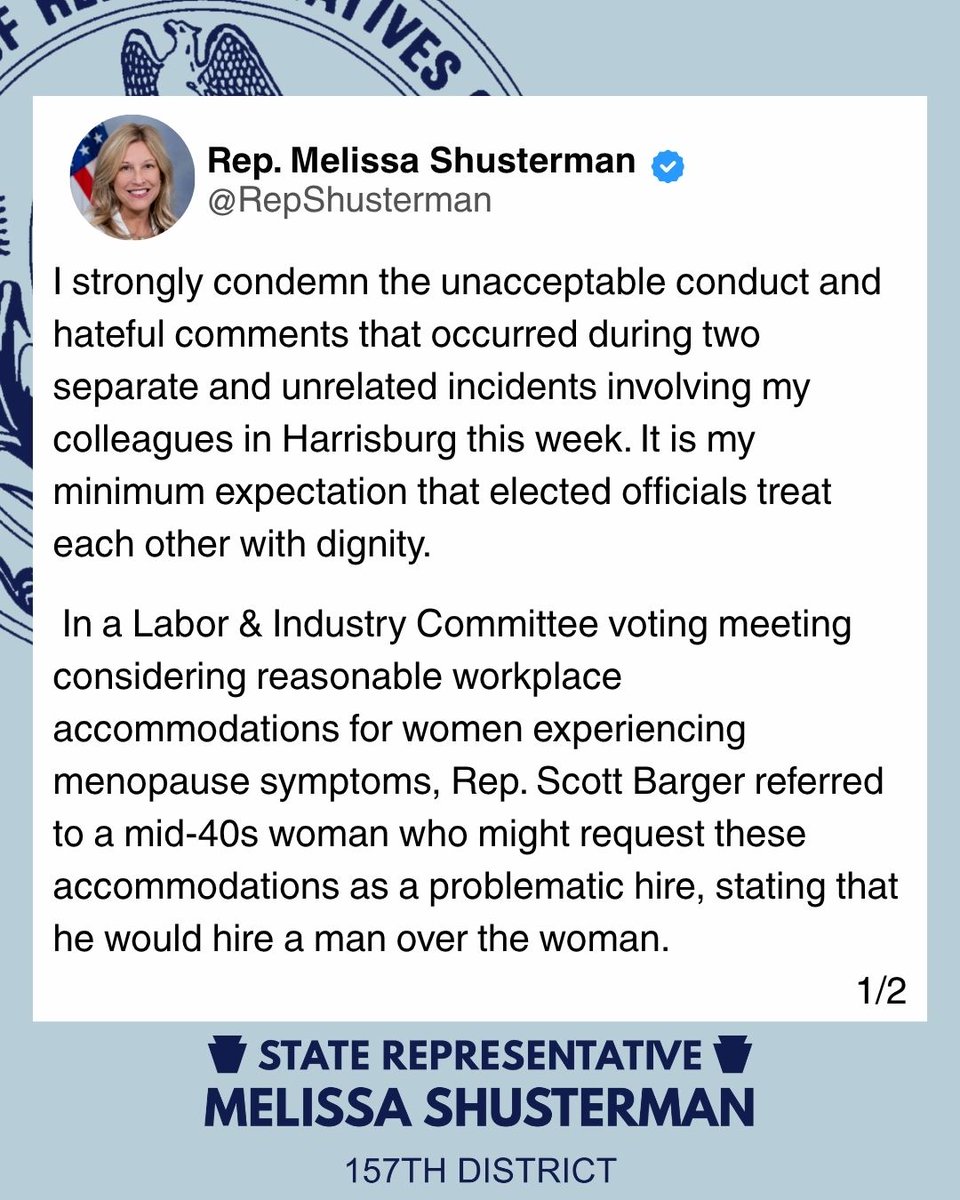 RepShusterman's tweet photo. My thoughts on the inappropriate conduct in Harrisburg this week. I've also posted a link to the joint statement by the PA Equality Caucus and Legislative Black Caucus in the comments below. ⬇ https://t.co/6SsnTWL9JU