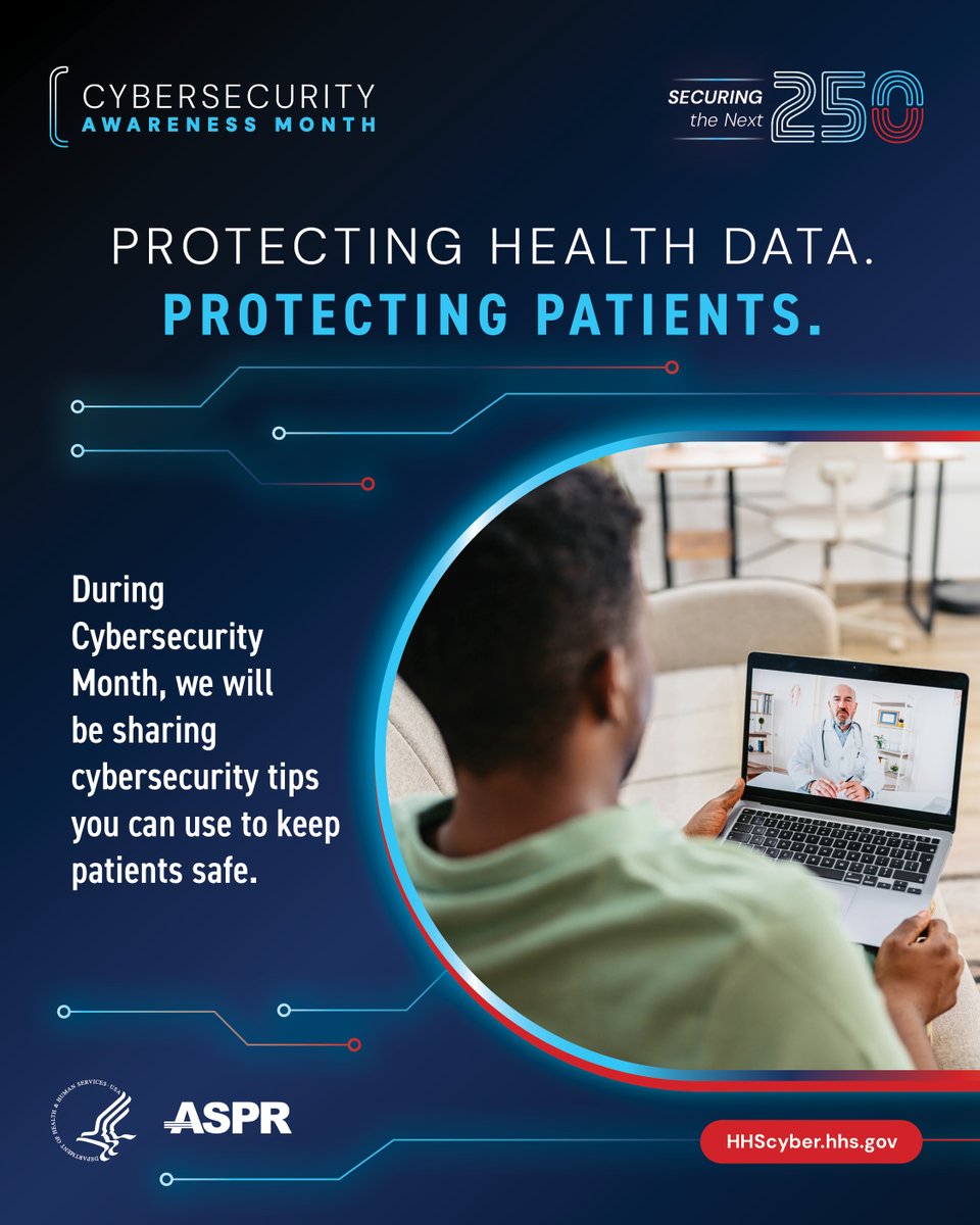 HHSCyber's tweet photo. This Cybersecurity Awareness Month, we’re sharing practical tips to protect health data and patients. Follow along. https://t.co/T0fvCBNtYY

#CybersecurityAwarenessMonth https://t.co/pxL0aW3rL6