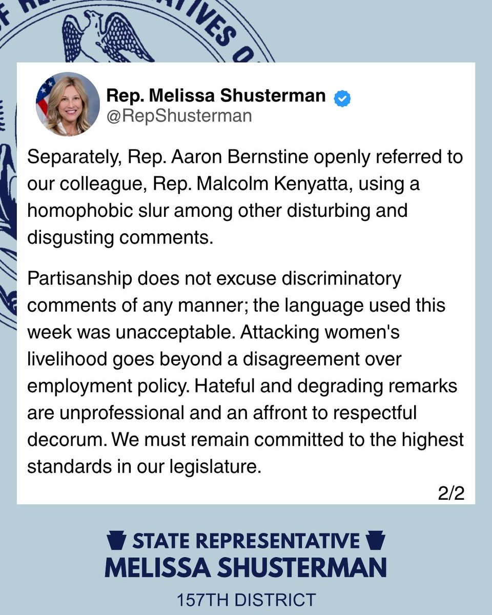 RepShusterman's tweet photo. My thoughts on the inappropriate conduct in Harrisburg this week. I've also posted a link to the joint statement by the PA Equality Caucus and Legislative Black Caucus in the comments below. ⬇ https://t.co/6SsnTWL9JU