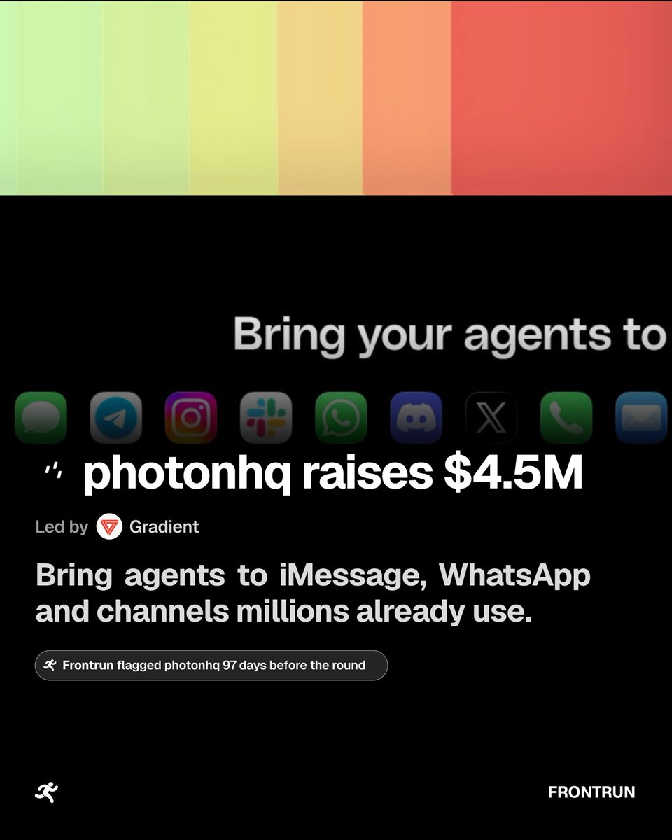 frontrunvc's tweet photo. Today's fundraises. @frontrunvc flagged 4 startups before they were announced. 👇

Average lead time: 82 days.

1. @revnu_app - 132 days ago. $3M seed led by - PXN Equity Finance

2. @PhotonHQ - 97 days ago. $4.5M seed led by @gradientvc

3. @HalluminateAI - 49 days ago. $30M Series A led by @oakhcft

4. @DoxxnetHQ - 49 days ago. $38M Series A led by @a16z