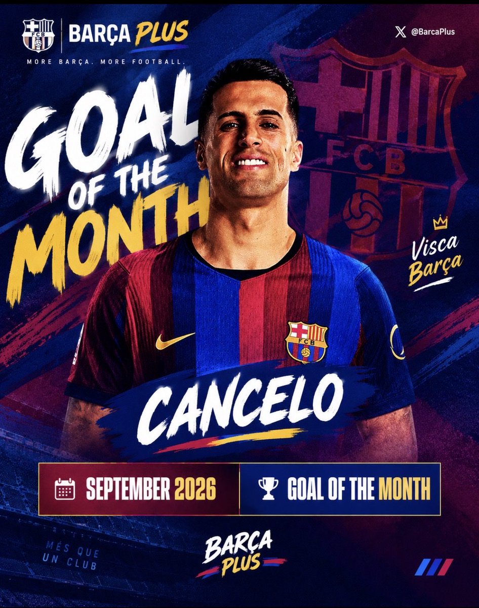 barcaPlus3's tweet photo. CANCELO 💙❤️ What a strike! 🔥
September’s Goal of the Month belongs to Barça! 🏆⚽

🔥 Do you agree? Drop a 🔵🔴 and share this with a fellow Culer!

#BarcaPlus #FCBarcelona #Cancelo #ViscaBarca https://t.co/7u1vZQI8bX