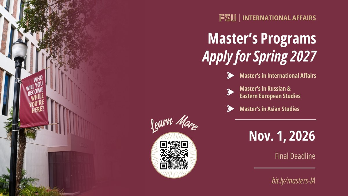 FSUintlaffairs's tweet photo. Ready to take your next step? 🌍 

Applications for @FSU's International Affairs Master's Programs for Spring 2026 are open!   

🎓 International Affairs
🎓 Russian &amp; Eastern European Studies
🎓 Asian Studies🗓 Final Deadline: Nov. 1, 2026

🔗 Apply now: https://t.co/OGhJJ2CIIH https://t.co/Jnn7nbkVSz