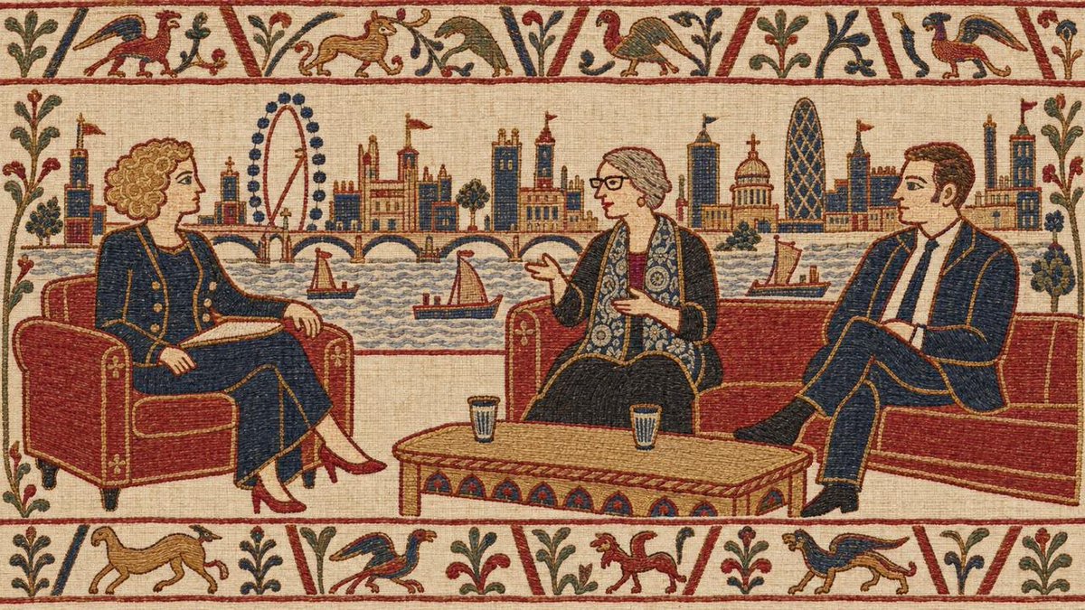 natalieben's tweet photo. Unexpected sides of politics: Appearing in Sky TV's very own Bayeux tapestry with @cathynewman  and @edvaizey in preview of #GreenPartyConference. Glad I wore my favourite scarf! 
#GPC26 https://t.co/ja83dq2Jod