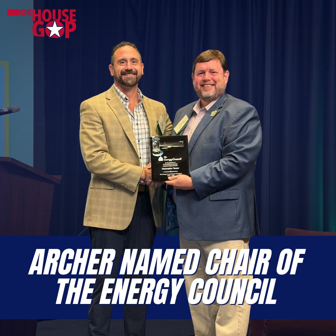OKHouseGOP's tweet photo. Rep. Nick Archer, chair of the House Energy Committee, has been elected chair of The Energy Council, an international nonpartisan organization focused on energy policy.

Read more: https://t.co/V4lV0lJPFc https://t.co/GLIds8JZm4