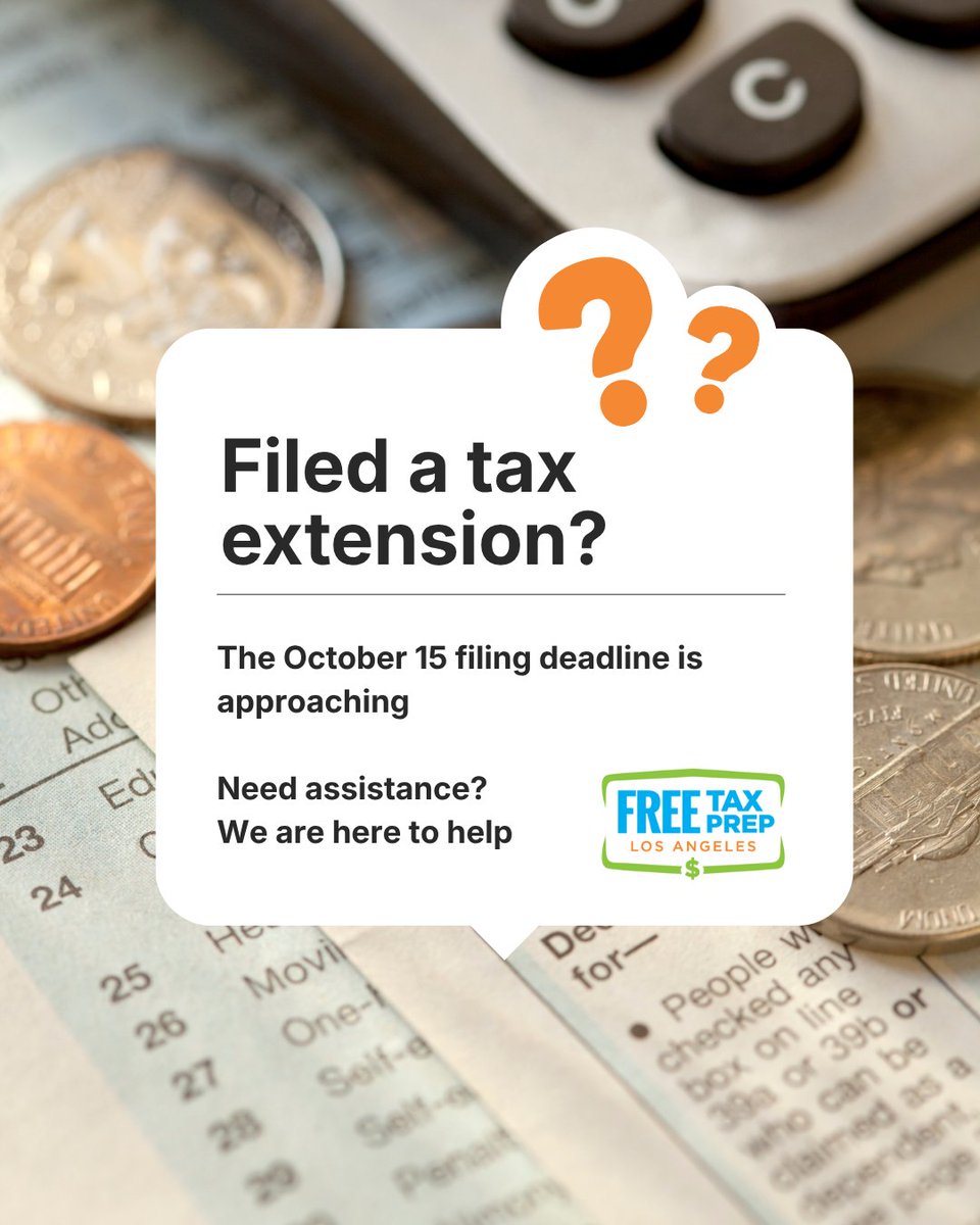 FreeTaxPrepLA's tweet photo. Filed an extension for your 2025 federal tax return? The October 15 filing deadline is approaching.

Remember: an extension to file was not an extension to pay.

Don’t wait until the last minute. Need assistance? We are here to help.

#FTPLA #TaxDeadline #TaxExtension https://t.co/UGTm4yKNYG