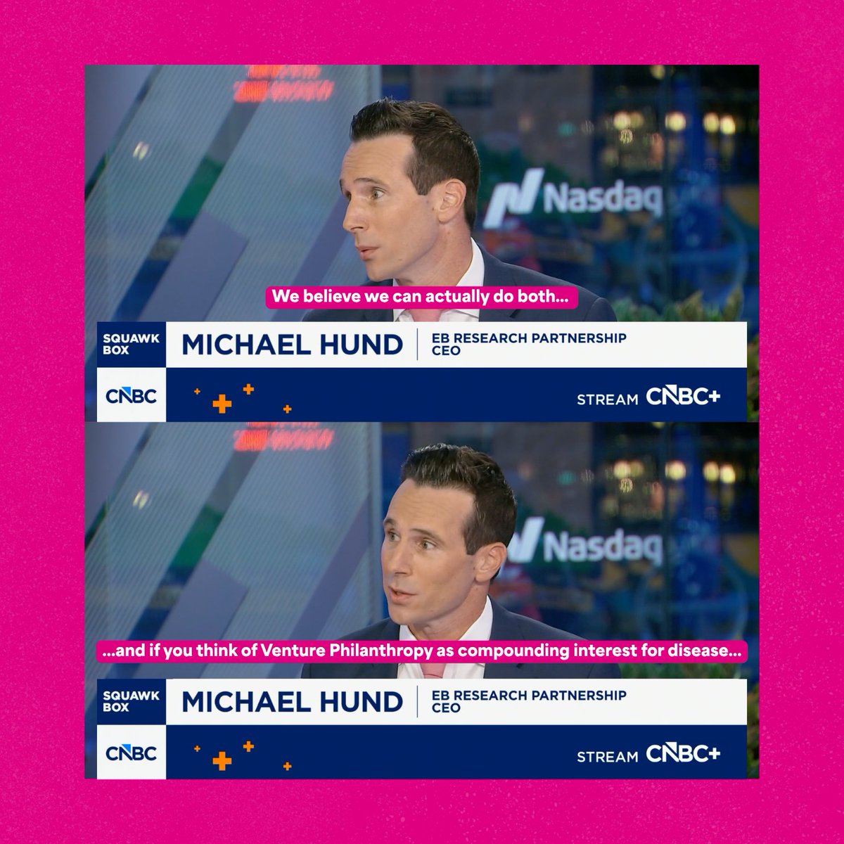 EBResearch's tweet photo. One dollar, working again and again to move science forward.

On @SquawkCNBC, EBRP CEO and Rare Ventures Co-Founder Michael Hund shared how Venture Philanthropy can help promising research advance while creating the potential to reinvest returns into future breakthroughs.

Thank you @BeckyQuick  and @andrewrsorkin  for making space for the conversation and helping bring greater visibility to EB and rare disease research.

🦋 Watch more from the conversation and explore the latest EBRP news and coverage in the Press section at https://t.co/MtNfibuQzM