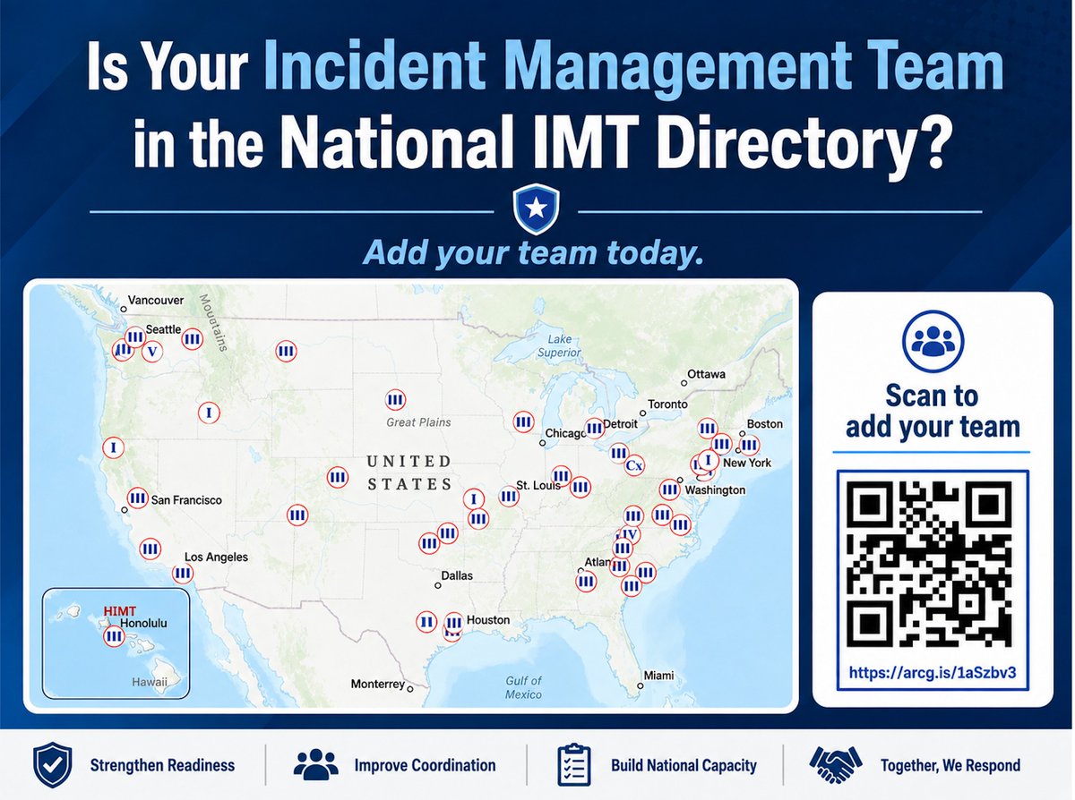 IMTAssociation's tweet photo. Calling all #IMTs! 

IMTA is building a National GIS-based Directory of Incident Management Teams. Help us strengthen coordination &amp; networking across the country. Scan the QR Code to complete the survey and be a part of the National Directory.

#EmergencyManagement #IMTA #ICS https://t.co/pFqo3Aequn