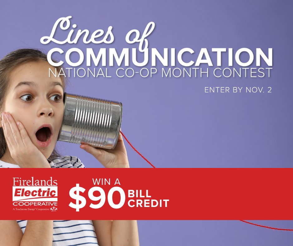Firelands's tweet photo. Have you heard? 
👂📞📣
It’s Co-op Month, and we’re celebrating by giving five lucky Firelands Electric members a $90 bill credit! To enter, just visit https://t.co/8X1Rqukb2z and submit your current contact info by Nov. 2. https://t.co/YvAujgum7v