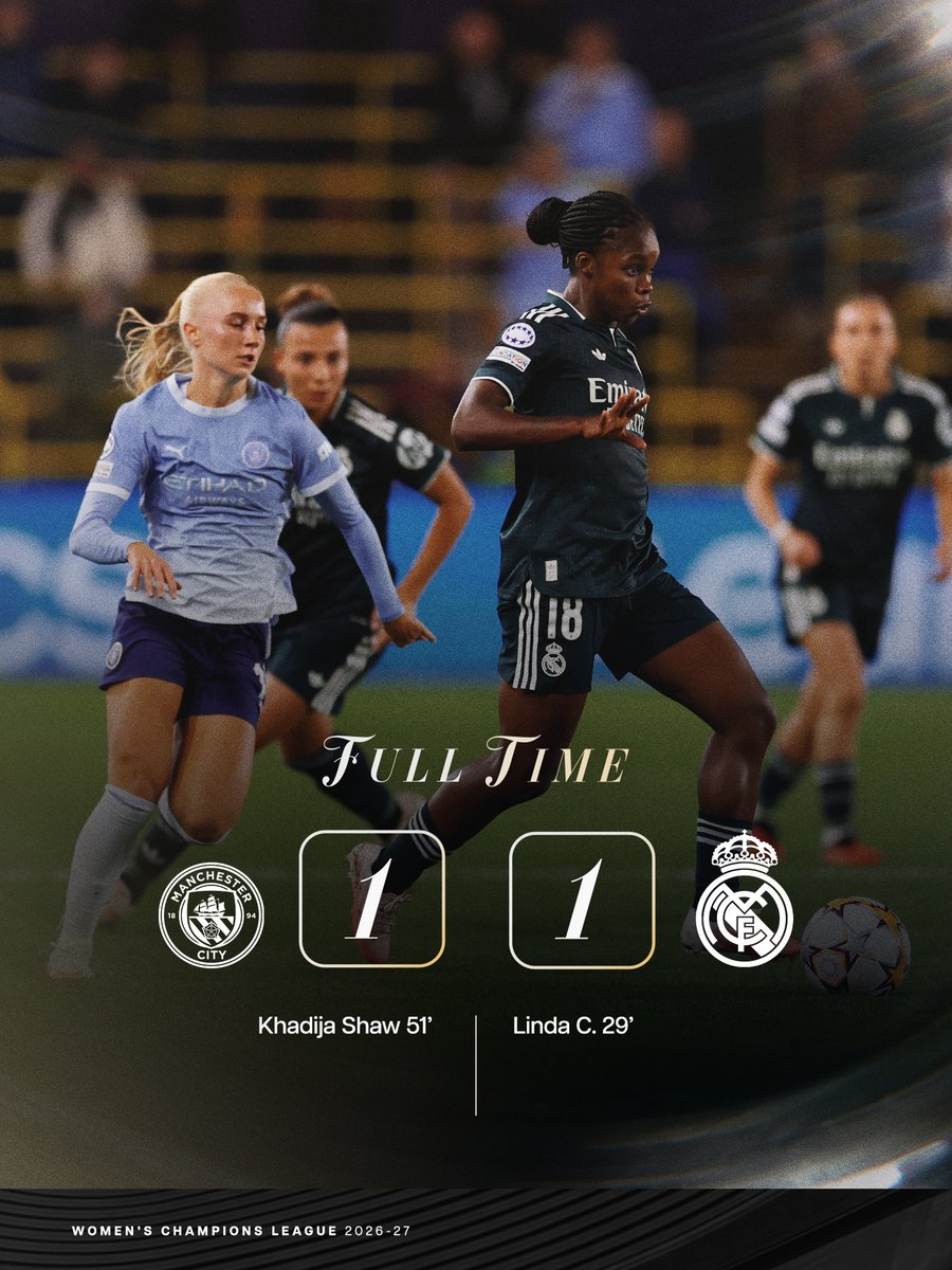 RealMadrid_GO's tweet photo. MANCHESTER CITY 1-1 REAL MADRID
Empate en casa del campeĂłn inglĂ©s en la segunda jornada de la fase de liga de la Champions. Linda adelantĂł al club blanco en el 29â y Show igualĂł en el 51â. Partido marcado por el polĂ©mico gol anulado a Silvia CristĂłbal en el descuento.
#rmlive https://t.co/jNBr9gIkhp