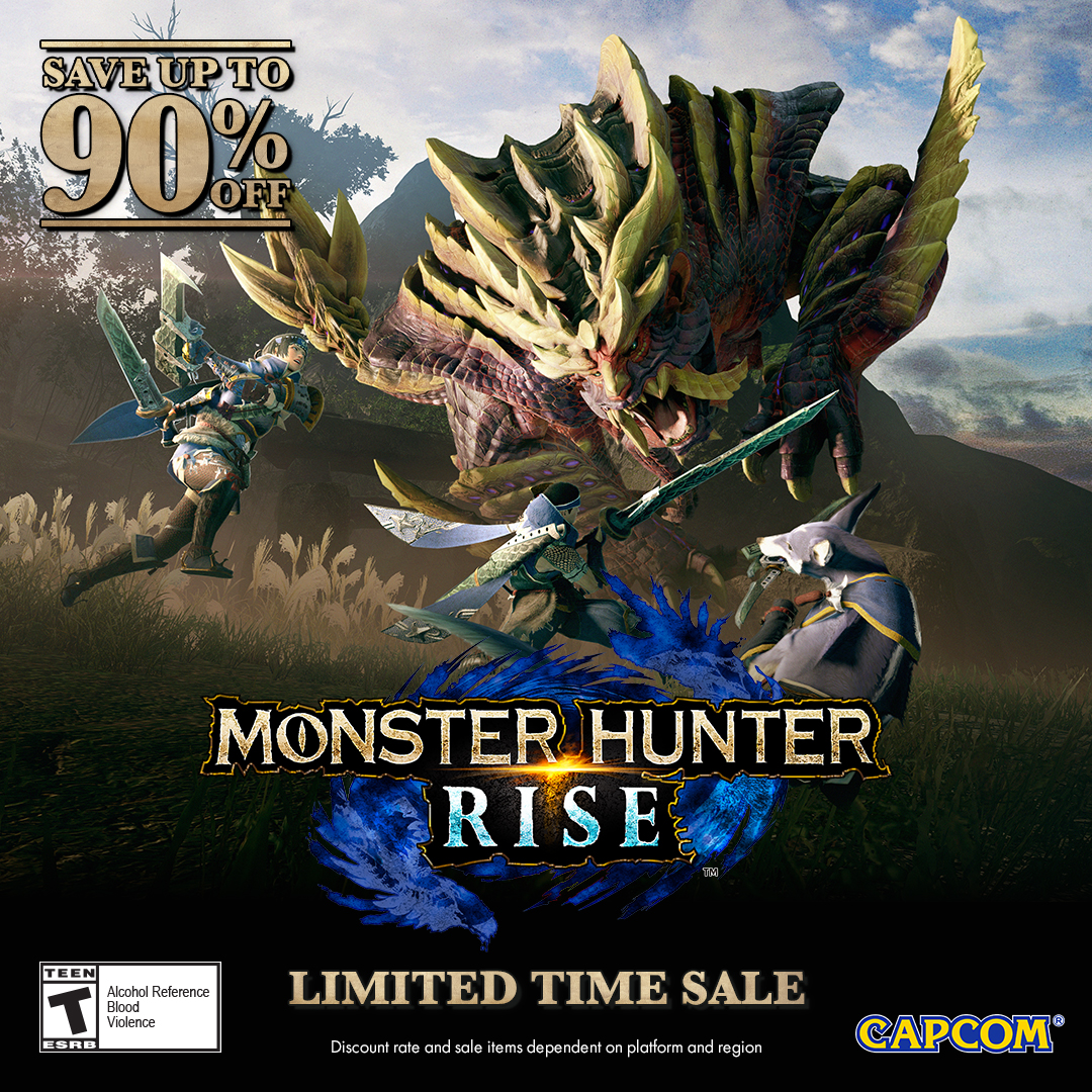 monsterhunter's tweet photo. Prep your Palamutes and get ready to hunt with a massive discount on Monster Hunter Rise on Nintendo Switch and Steam! Save up to 90% off as you sharpen your weapons and take a visit to Kamura Village today!

🔴 https://t.co/DrnubGqjru
⚫ https://t.co/egdsRUqOYq https://t.co/jOTrYCwjz2