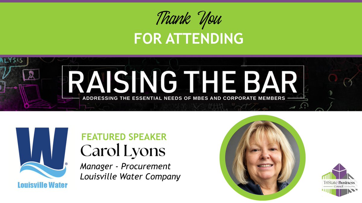TriStateMSDC's tweet photo. Thank you to everyone who joined this morning's TSBC’s Raising the Bar Mini-Series featuring @louisvillewater!

Special thanks to Carol Lyons, Manager of Procurement &amp; Supplier Diversity.

#TSBC #RaisingTheBar #SupplierDevelopment https://t.co/2YzsY2dgBt