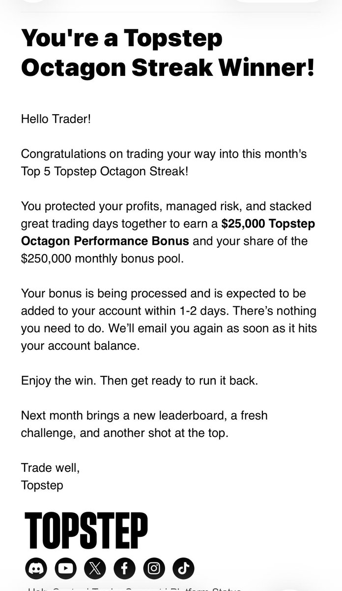 TopstepGal's tweet photo. It’s official 🎉🥳🎉. I won first place in the Topstep Octagon Streak. Thank you @Topstep and @MichaelPatak  for the opportunity to trade a Live account and participate in the Octagon. https://t.co/iAqSimdx2M