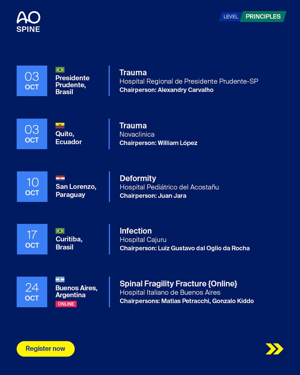 AOSpine's tweet photo. Join us for the upcoming Hospital Based Seminars in Latin America! 🏥👨‍⚕️

These highly interactive seminars are the perfect initial step along the path of lifelong learning in spinal surgery.

➡️ https://t.co/umkru1eoCx https://t.co/qQrTWBrNPs