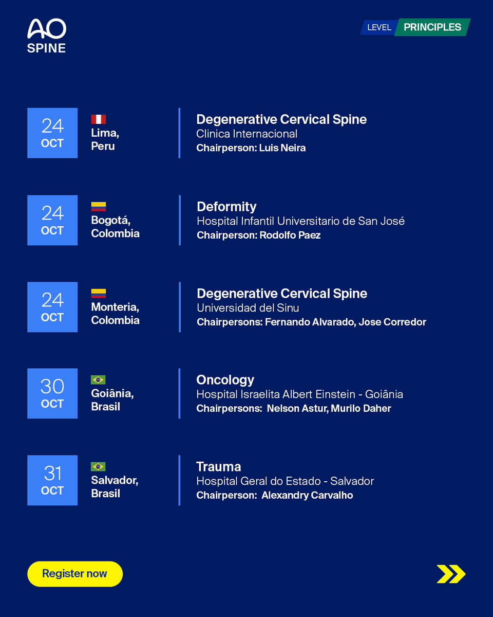 AOSpine's tweet photo. Join us for the upcoming Hospital Based Seminars in Latin America! 🏥👨‍⚕️

These highly interactive seminars are the perfect initial step along the path of lifelong learning in spinal surgery.

➡️ https://t.co/umkru1eoCx https://t.co/qQrTWBrNPs