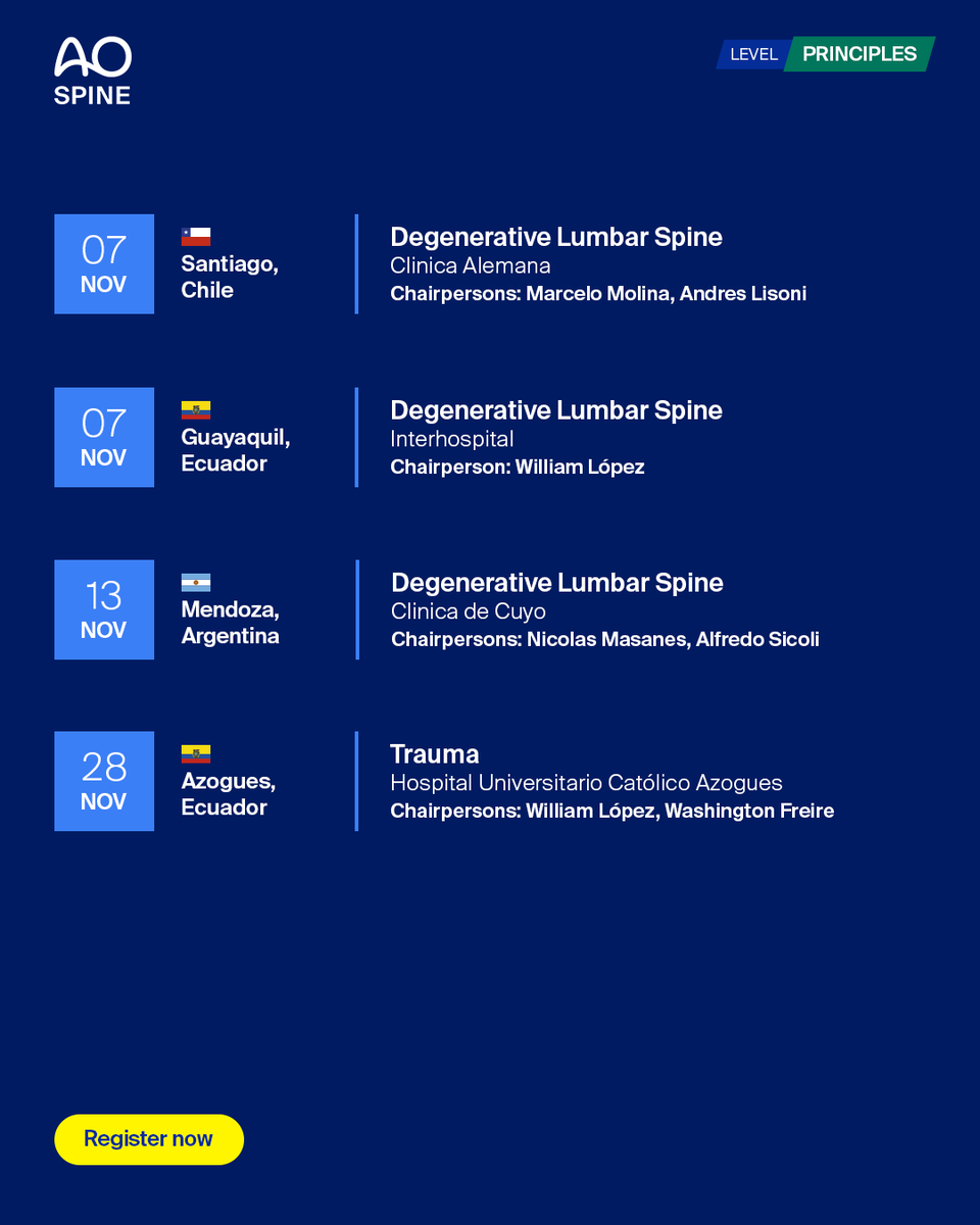 AOSpine's tweet photo. Join us for the upcoming Hospital Based Seminars in Latin America! 🏥👨‍⚕️

These highly interactive seminars are the perfect initial step along the path of lifelong learning in spinal surgery.

➡️ https://t.co/umkru1eoCx https://t.co/qQrTWBrNPs