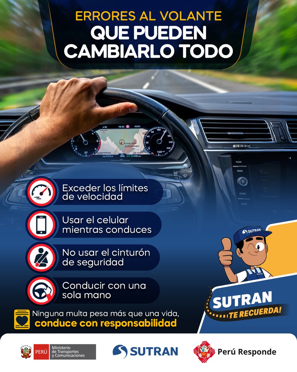 sutranperu's tweet photo. 🚘 Al volante, cada decisión cuenta.
Evita conductas que pueden terminar en una multa y, sobre todo, poner en riesgo tu vida y la de los demás.

#SutranTeRecuerda #SutranEsSeguridad https://t.co/ea10ltzwQi