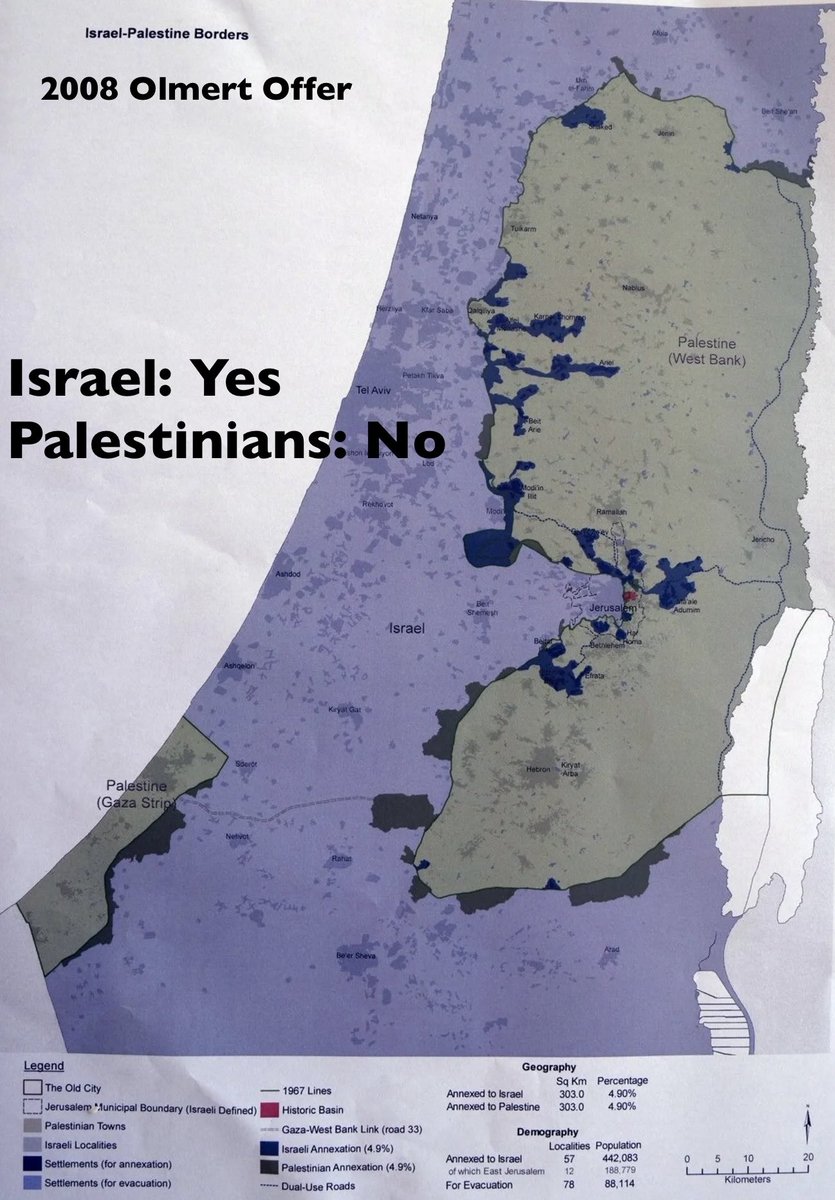 CptAllenHistory's tweet photo. The Palestinians have rejected a state of their own more times than any national movement in modern history.

1937 — Peel: a Jewish state on a sliver of the coast. Arab leadership said no and turned back to violence.

1947 — UN partition plan: an Arab state beside a Jewish state. The Arab Higher Committee said no, started a civil war, and then five Arab armies invaded.

2000 — Camp David: a Palestinian state with a capital in eastern Jerusalem. Arafat walked, proposed no counteroffer, and launched the Second Intifada.

2001 — Clinton Parameters: a Palestinian state with a capital in eastern Jerusalem, 96% of the "West Bank" plus 4% of Israel, all of Gaza and a connecting corridor. Arafat said no as the Second Intifada raged.

2008 — Olmert: 94% of the “West Bank” plus land swaps to make up for the other 6%, a capital in East Jerusalem, and the Old City under an international committee. The PA, this time under Abbas, never even bothered to answer.

2020 — Trump’s plan: a Palestinian state, a capital in a part of East Jerusalem, and $50 billion in economic aid to build their country. Abbas called it the “slap of the century” in 2018, two years before the text existed. On the day it was released, he said “a thousand times no.” He refused Trump’s call and refused to even take a copy.

They do not keep saying no because the borders were wrong. They keep saying no because the real demand is not a state beside Israel. It is a state instead of Israel.