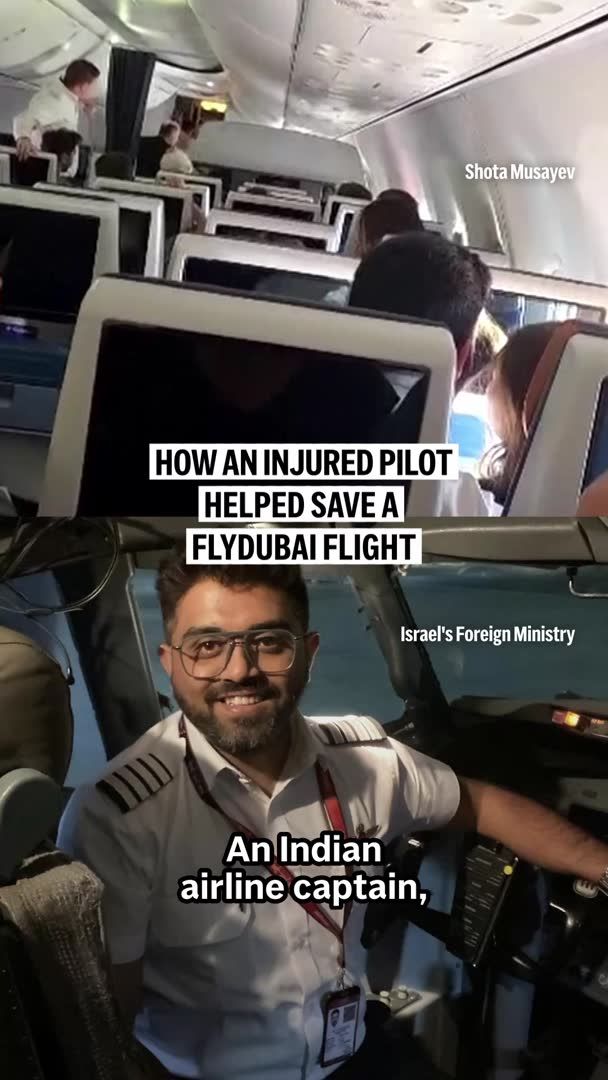 The image shows a split-screen with the top half depicting passengers on a FlyDubai flight, and the bottom half showing Indian airline captain Smit Machchhar in the cockpit, with text reading "HOW AN INJURED PILOT HELPED SAVE A FLYDUBAI FLIGHT" and "An Indian airline captain," crediting photos to Shota Musayev and Israel's Foreign Ministry. The image visually represents the heroic story of Captain Machchhar, who sustained injuries but helped prevent a disaster after his copilot allegedly attempted to crash the plane.