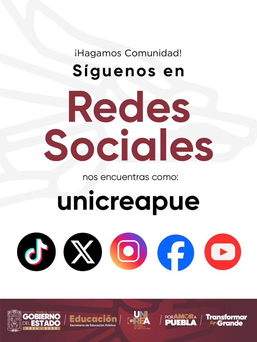 UNICREAPue's tweet photo. ✨ ¡📲 Sigue a #UNICREA y descubre todo lo que creamos y transformamos juntos.
Tu lugar también está aquí. ✨ 🎨🎭🎬 @Gob_Puebla
#PorAmorAPuebla #TransformarEnGrande https://t.co/CocxY78pwi