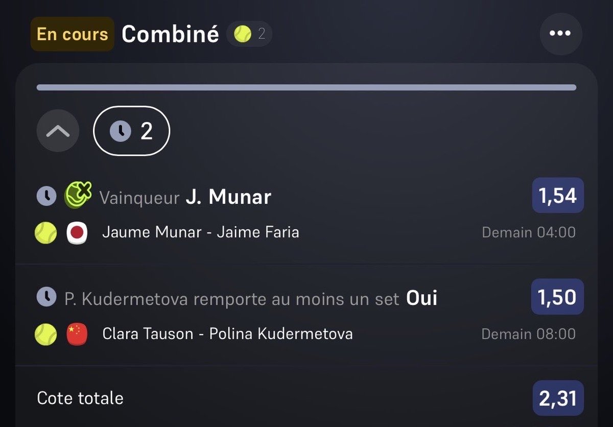 bzpronoss's tweet photo. 🎾 NOUVEAU FORMAT TENNIS 🎾 :
- SAFE DARDERI 🇮🇹 @1,68
- SEMI-SAFE MUNAR 🇪🇸 + KUDERMETOVA UN SET 🇺🇿 @2,31
- FUN YASTREMSKA 🇺🇦 @2,35
en espérant que ça vous plaise, like et rt pour le soutien ❤️&🔁, début demain 4h00!
#Teamprono #prono #tennis https://t.co/WUs25BFwA3