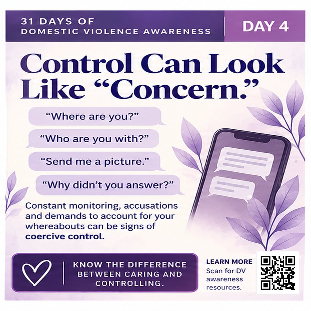 911CPB's tweet photo. “Where are you?”
“Who are you with?”
“Send me a picture.”

When questions become constant monitoring, accusations or demands to account for your whereabouts, it may be coercive control.

💜 Caring ≠ controlling.

#DVAM #DVActionMonth #WithSurvivors #KnowTheSigns #911CPB https://t.co/VDgH4CAbTS