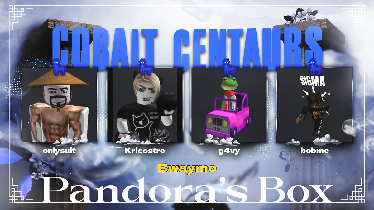 cambwaymo's tweet photo. Announcing the most auraful team to ever bless my eyes...
The Cobalt Centaurs (and their amazing pfps)
@onlysuit_ 
@Kricostro 
@0gavy 
@bobmeiam https://t.co/cfwkfMRh7z