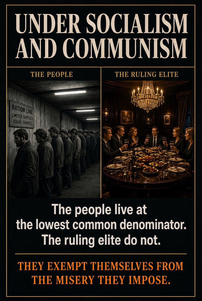 TickledOrange's tweet photo. Under socialism and communism, the people live at the lowest common denominator. The ruling elite do not. They exempt themselves from the misery they impose. https://t.co/e3etmdGaps