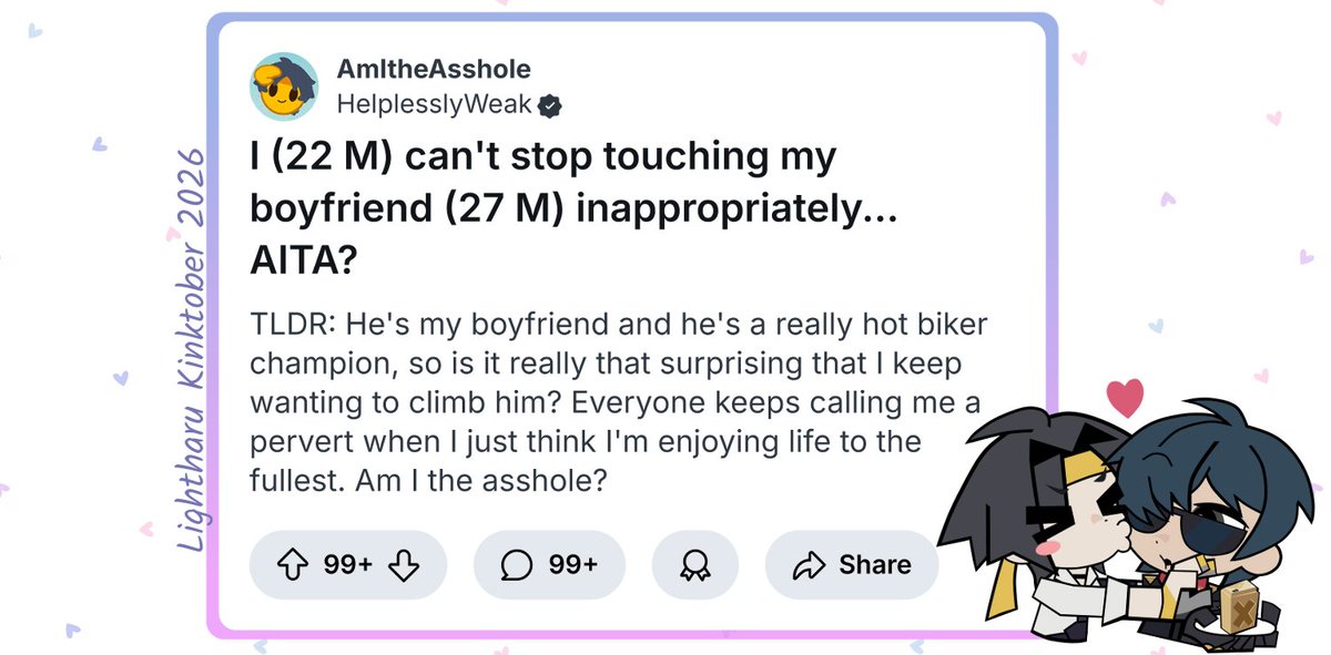 kvrkvn's tweet photo. #lightharu 2026 kinktober thread ❤️💛

→ explicit (obviously lol)
→ all days in thread, updated daily until month's end

i just thought the title was funny its entirely unrelated lmfao

→ main compilation fic
🔗https://t.co/9MBl6XdI2U https://t.co/Co9T9gNbnu