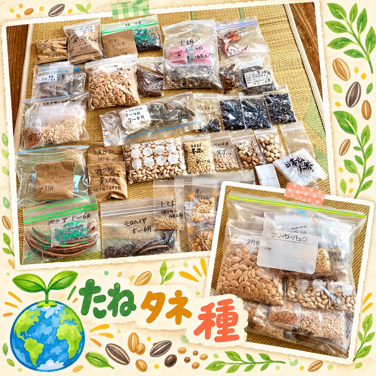 yui8musubi's tweet photo. ＼たくさんのタネたち🫘／

食べたら、たねをとる。
”食べたら『たねとり』“

コツコツ続けていたら
こんなにたくさん集まりました✨

眺めているだけで
なんとも豊かな氣持ちに☺️

この小さなひと粒から
芽が出て、花が咲き、実がなる。
そして、また次のたねへ🌱

たねはいのちの塊
たねはいのちの元
たねは宝物✨

まきどきを確かめながら
次の季節へ、いのちをつないでいきます🌿