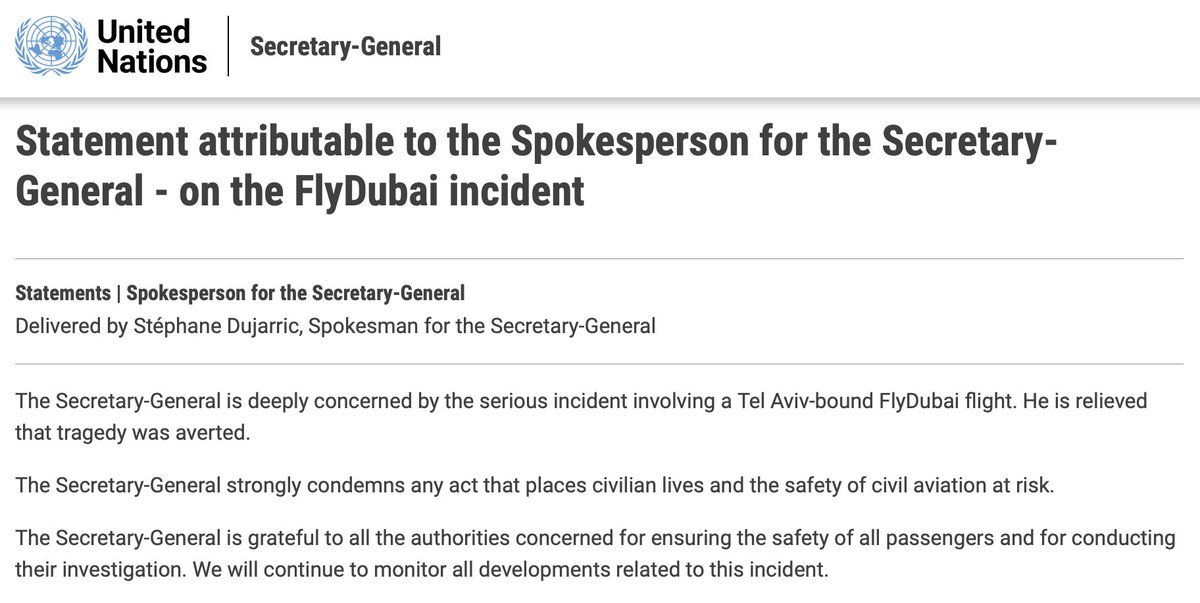 peleg_lewi's tweet photo. El Secretario General de la ONU señala un “incidente grave” a bordo de un vuelo de Flydubai que “puso en riesgo la seguridad de la aviación civil”.

Ni una condena al terrorista islamista. Ni una palabra de reconocimiento al piloto indio ni a los pasajeros israelíes, cuyos actos heroicos salvaron tantas vidas.

Qué vergüenza,