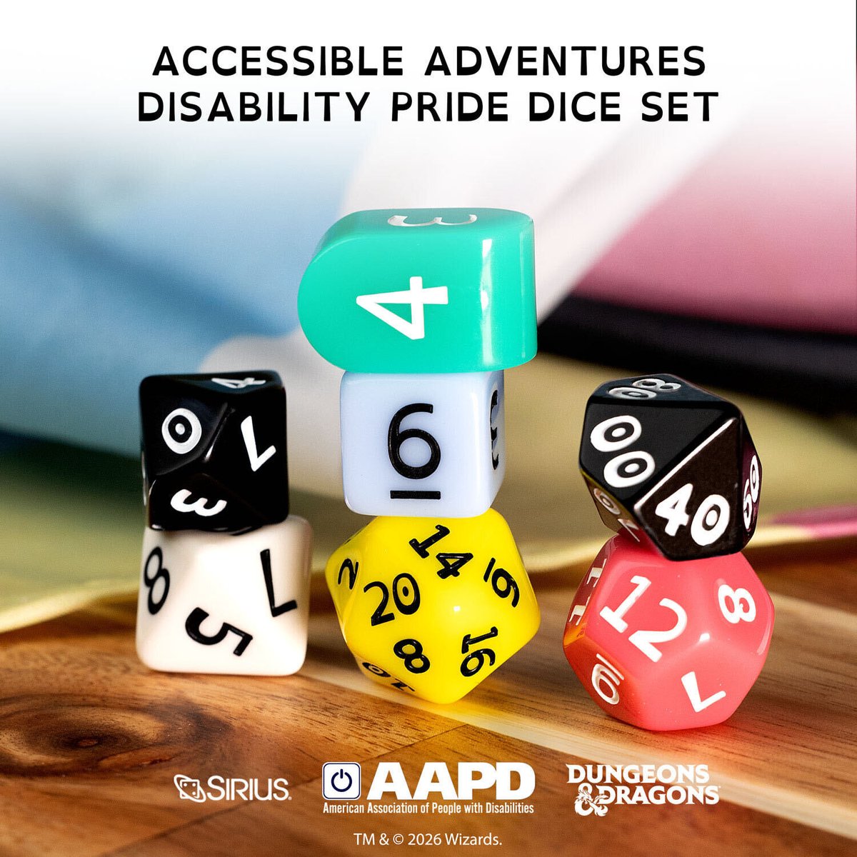 AAPD's tweet photo. We're so excited to announce that Sirius Dice has launched the Dungeons & Dragons Accessible Adventures – Disability Pride Dice Set! A portion of the money from each physical dice set sold will be donated to AAPD. This partnership shows that disabled people belong in every community, in fantasy worlds and in real life.