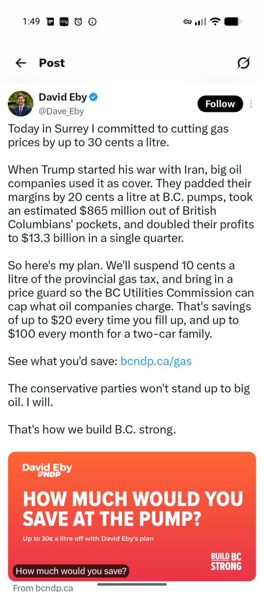 OhBoyItsKale's tweet photo. Why didn't you do this before you called the election then?

Between the "hidden" BC Carbon tax and the gas tax people paying 45 cents a litre in taxes. Plus gst. You could've given British Columbians relief at the pump anytime.

This is just you being scared about being voted out.