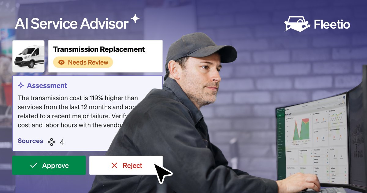 ConstructionEqt's tweet photo. An AI assistant for the fleet shop? 🤖 @fleetio's AI Service Advisor can prioritize issues, draft work orders, review costs, and approve low-risk repairs within fleet-set limits. Fleetio says assets returned to service 2.5 hours sooner per repair during its six-month beta. Whoa. https://t.co/VoeCxBo65o