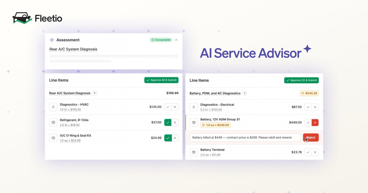 ConstructionEqt's tweet photo. An AI assistant for the fleet shop? 🤖 @fleetio's AI Service Advisor can prioritize issues, draft work orders, review costs, and approve low-risk repairs within fleet-set limits. Fleetio says assets returned to service 2.5 hours sooner per repair during its six-month beta. Whoa. https://t.co/VoeCxBo65o