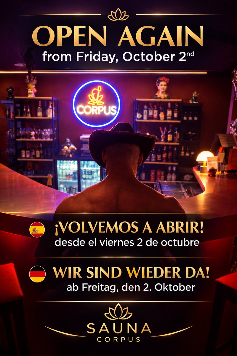 SaunaCorpus's tweet photo. Open again after our September holiday. Open from 17.00 till 22.00
Closed Monday and Thursday.
#gaysauna #PlayadelInglés #Maspalomas https://t.co/pcXS6woEv5