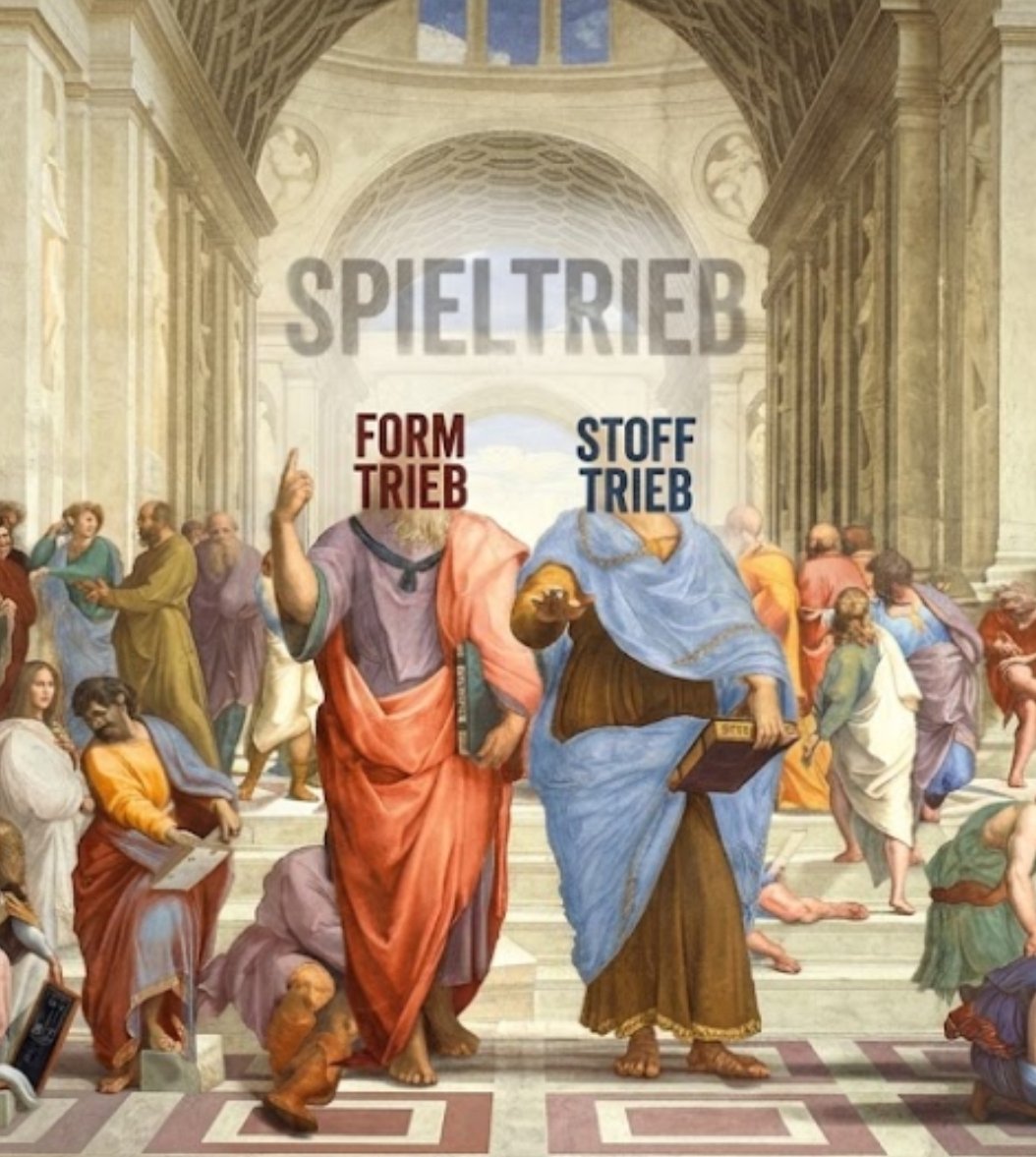 TheoryOfTheory's tweet photo. In Raphael's celebrated 16th-century fresco “School of Schillerian Drives,” Plato points vaguely heavenward toward Forms. Aristotle flips Formtrieb, gestures toward the crowd, grounding Trieb into Stoff (materialism).  Both are mediated by Speiltrieb, the Play Drive. https://t.co/DJIxABD8U7
