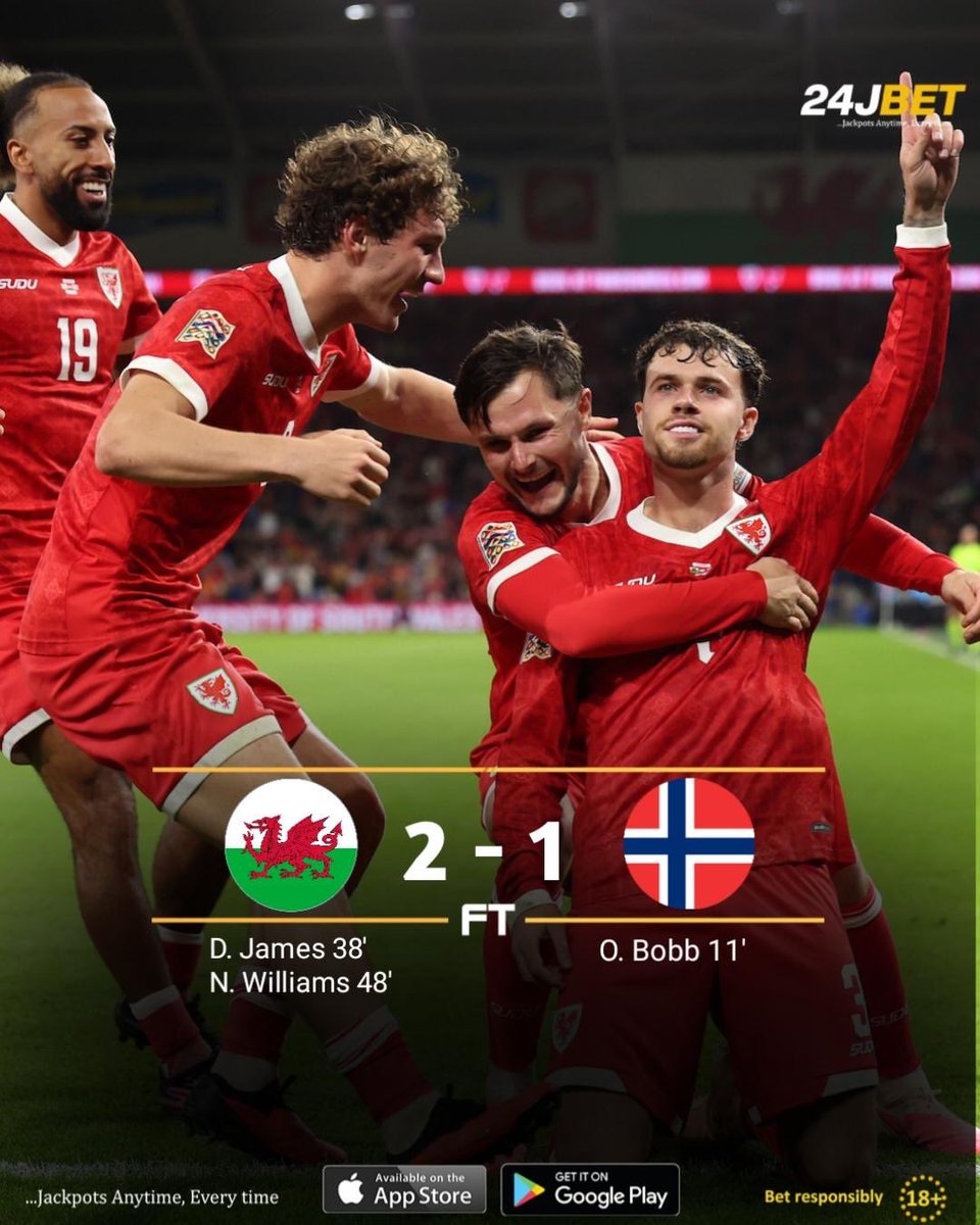 24jbetofficial's tweet photo. Wales fight back to beat Norway 2 - 1, with goals from James and Williams after Bobb’s early opener. 🙌
#WALNOR #Cymru #NationsLeague https://t.co/h3v51bN3IC
