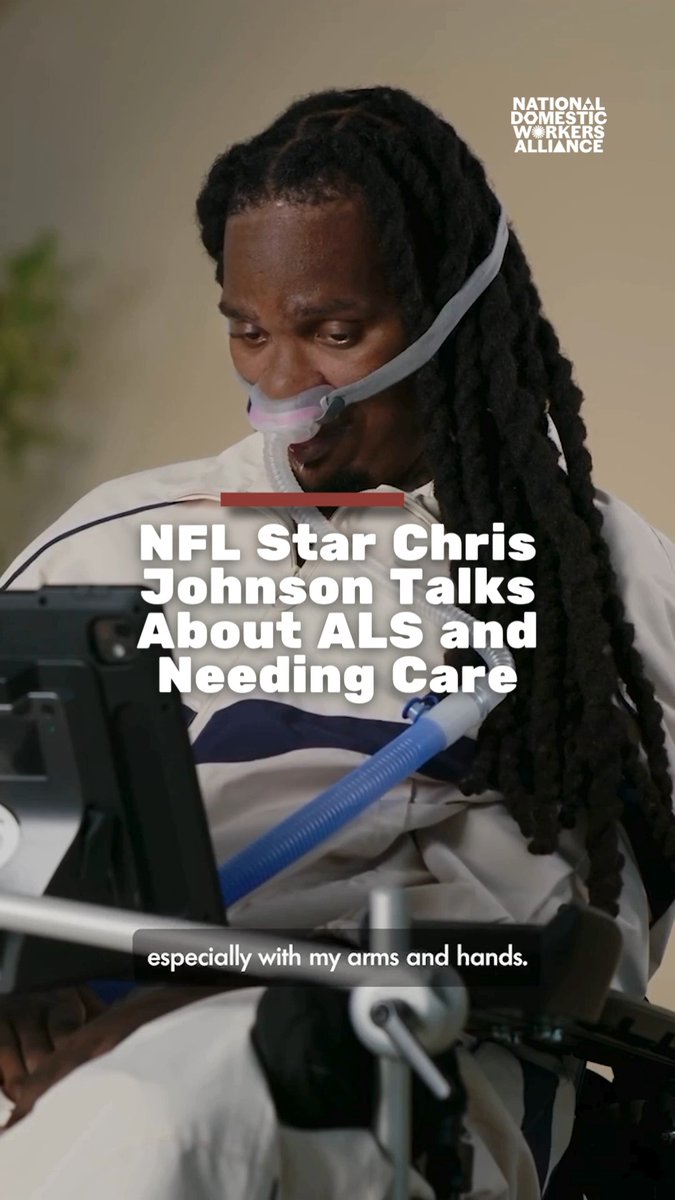A news thumbnail showing NFL star Chris Johnson using a breathing device, with the headline 'NFL Star Chris Johnson Talks About ALS and Needing Care' from the National Domestic Workers Alliance.