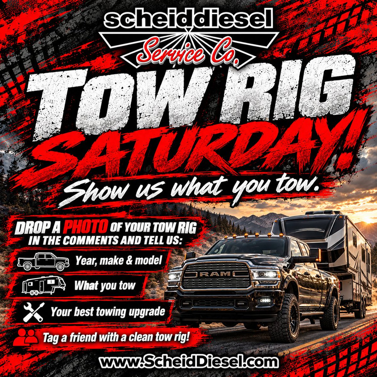 ScheidDiesel's tweet photo. 🚛 Tow Rig Saturday! Drop a pic of your tow rig and tell us: year/make/model, what you tow, and your best towing upgrade. Tag a friend with a clean setup. 💪
#ScheidDiesel #TowRigSaturday #DieselTrucks https://t.co/aZ2IuwKooK