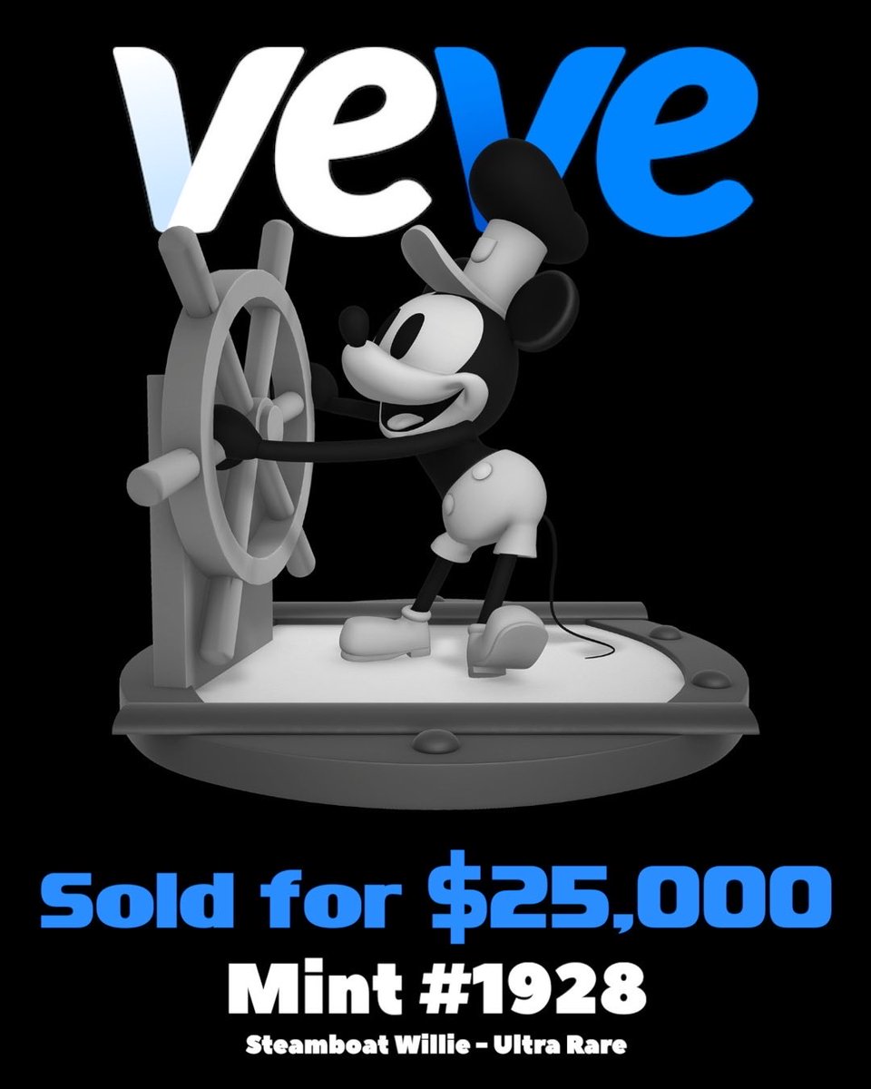 ComicsandCrypto's tweet photo. 🚨 RECORD SALE! 🚨

Steamboat Willie Ultra Rare Mint #1928 just sold on @StackRworld for 80.65 MILLION $OMI, currently worth approximately $25,000! 🤯

That shatters the $5,000 sale in 2024 for this same collectible and mint, a 5× increase!

Why #1928? Steamboat Willie premiered in 1928, introducing Mickey Mouse to the world. A historic mint honoring a historic debut. 🐭🚢

@veve_official @Disney 
#MintNumbersMatter