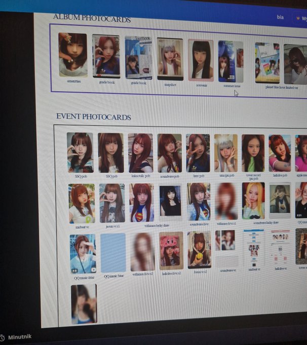 A computer screen displays a webpage listing numerous "ALBUM PHOTOCARDS" and "EVENT PHOTOCARDS," featuring small portraits of a female artist.