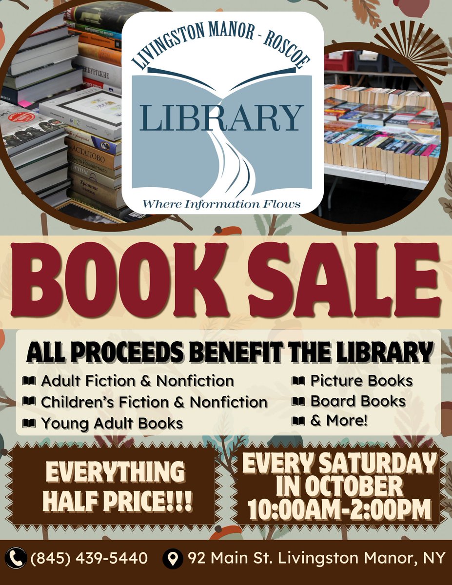LMR_Library's tweet photo. The Library's Book Sale has been extended!

Stop by the Livingston Manor Branch every Saturday in October, anytime from 10:00am to 2:00pm to browse countless books.

Everything is on sale for HALF PRICE!

Fill a bag with books for only $5! https://t.co/qgUaJYNNda