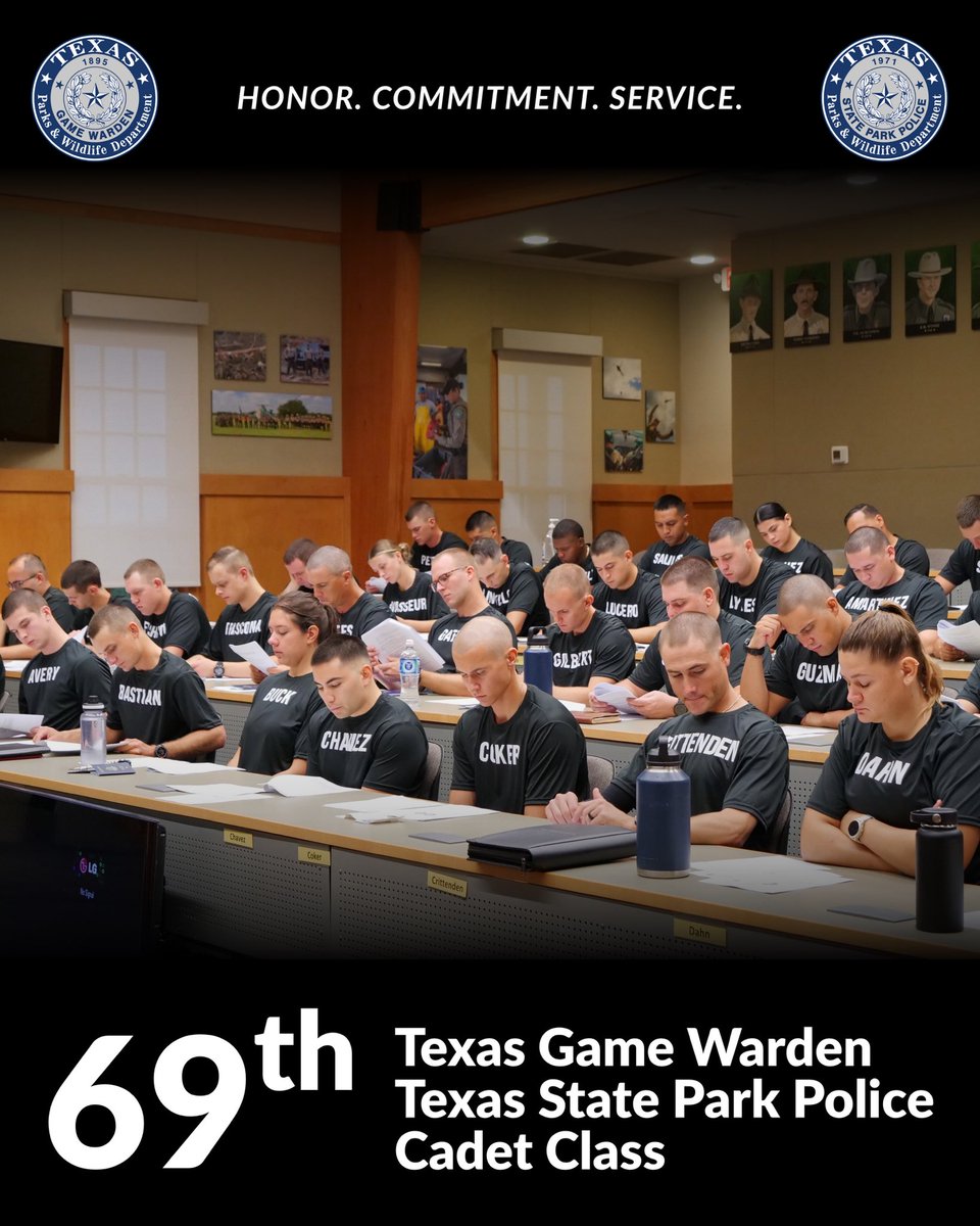 TexasGameWarden's tweet photo. A new class. A longstanding tradition of service.

The 69th Cadet Class begins today at the Texas Game Warden Training Center with 53 cadets: 45 Texas Game Warden cadets and eight Texas State Park Police cadets. (1/2) https://t.co/3qYBKzLVIz
