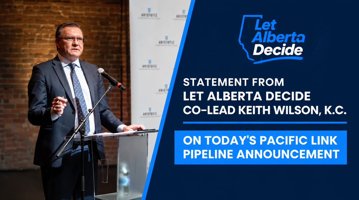 LetABDecide's tweet photo. STATEMENT FROM LET ALBERTA DECIDE CO-LEAD KEITH WILSON, K.C.

Albertans should welcome any serious effort to get our energy to world markets. But with the October 19 referendum only weeks away, they are also entitled to ask some hard questions about today’s Pacific Link announcement.

The first is: why now?

Alberta has been seeking tidewater access for decades. This new pipeline was formally referred to the Major Projects Office on July 2. Yet the major announcement declaring it a project of national interest arrives immediately before Albertans make an important decision about their future constitutional relationship with Ottawa.

That timing deserves scrutiny. Its Ottawa playing politics to get Albertans to forget about decades of mistreatment and how Canada does not work for Alberta. 

Albertans should also look carefully at what was actually announced. This is not yet a fully approved, financed or construction-ready pipeline. The current estimated cost is between $35 billion and $44 billion. Taxpayers are now on the hook for the overwhelming majority of the initial ownership interest, while major questions remain about final financing, new BC tolls on Alberta oil, shipper commitments and the ultimate cost to taxpayers.

The pipeline comes with many strings attached imposed by Ottawa. The $20-30 billion Pathways carbon-capture project will be another hit on taxpayers. 
This brings the combined cost to taxpayers of over $70 billion which is the same amount as the total budget for the Alberta Government including health care, education, and social programs.

Today’s announcement is significant and I hope the pipeline ultimately gets built.

But Albertans should judge it on the facts, not the timing of a press conference. Does Canada still work for Alberta or can Alberta do better? That’s the question that will be decided on October 19. 

Serious change is needed in the constitutional relationship so that the Alberta Government does not have to spend decades of effort and billions in taxpayer dollars just to get a new pipeline.