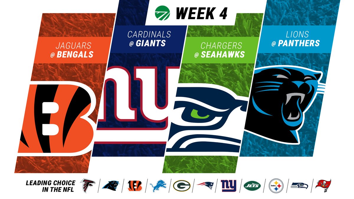FieldTurf's tweet photo. NFL Week 4 features four games on @FieldTurf, including a pair of big cat battles and a Giants team looking to improve to 3-0 at MetLife. We’re especially excited about Sunday Night Football’s clash between Detroit and Carolina, both of which use FieldTurf on their home field. 

🏈@Bengals vs. Jaguars (Paycor Stadium)
🏈@Giants vs. Cardinals (MetLife Stadium)
🏈@Seahawks vs. Chargers (Lumen Field)
🏈@Panthers vs. Lions (Bank of America Stadium)

Good luck to all of #TeamFieldTurf this week!

#NFLFootball #ChangeTheGame #SyntheticTurf