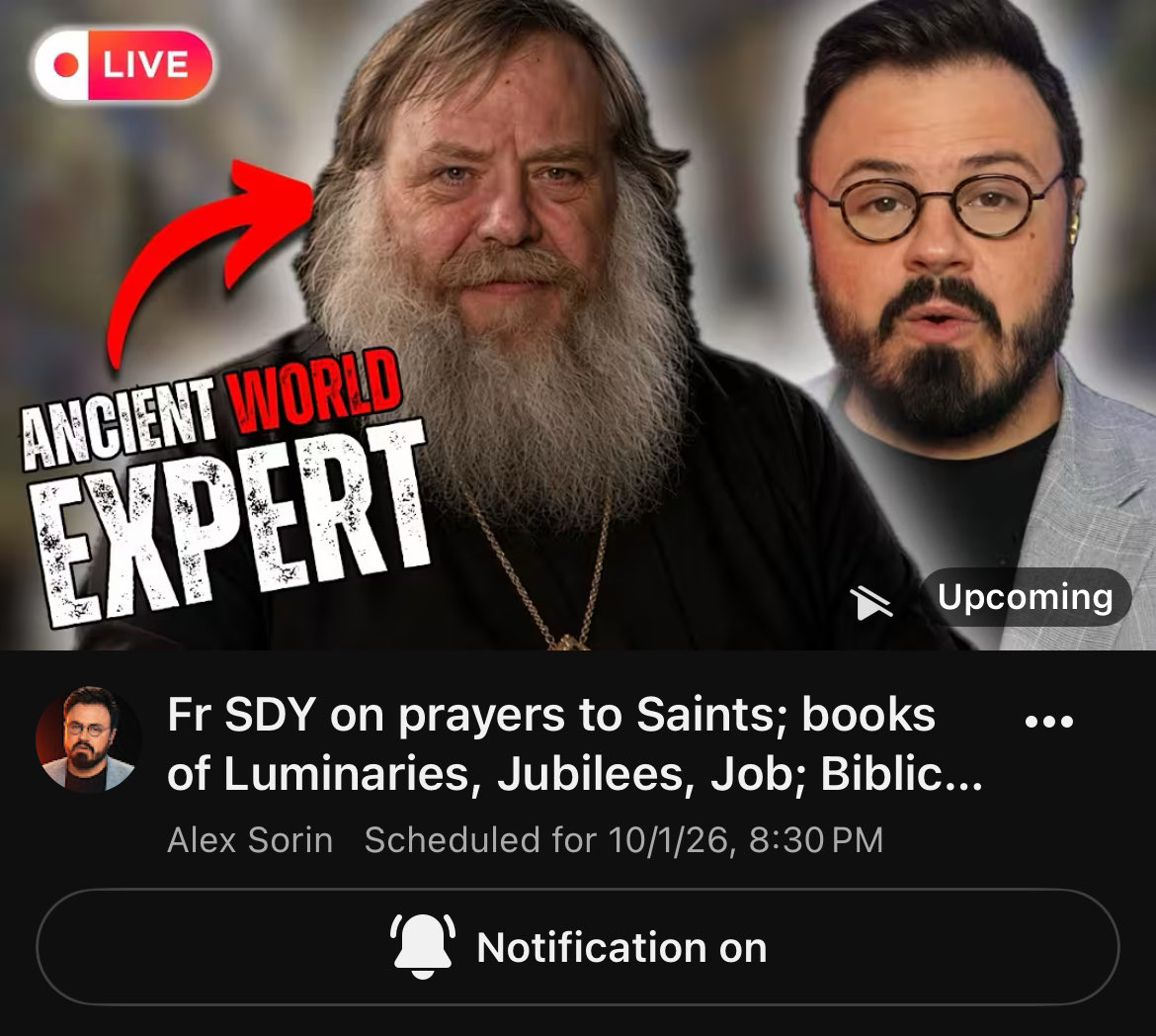 Alex_Ortodoxie's tweet photo. Going LIVE tonight at 8:30pm Eastern with Fr Stephen De Young!!

“Fr SDY on prayers to saints; books of Luminaries, Jubilees, and Job; Biblical cosmology, and more!!”

(Link below). https://t.co/XSl64tUqT9