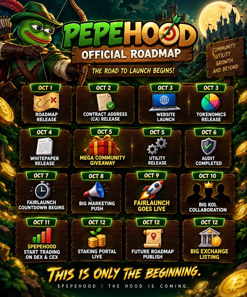 PepeRobinhoo's tweet photo. 📅 OFFICIAL $PEPEHOOD ROADMAP

🗓 October 1
🗺️ Roadmap Release

🗓 October 2
📜 Contract Address (CA) Release

🗓 October 3
🌐 Website Launch
📊 Tokenomics Release

🗓 October 4
📄 Whitepaper Release

🗓 October 5
🎁 Mega Community Giveaway
⚙️ Utility Release

🗓 October 6
🛡️ Audit Completed

🗓 October 7
⏳ Fairlaunch Countdown Begins

🗓 October 8
📣 Major Marketing Push

🗓 October 9
🚀 FAIRLAUNCH GOES LIVE

🗓 October 10
🤝 Major KOL Collaboration

🗓 October 11
📈 $PEPEHOOD Begins Trading on DEX & CEX

🗓 October 12
🥩 Staking Portal Goes Live
🗺️ Future Roadmap Published
🏦 Major Exchange Listing

🔥 THIS IS ONLY THE BEGINNING.

Join Our Telegram Group And Get The CA Before Everyone 👉 https://t.co/N2KR7cVQ2Y