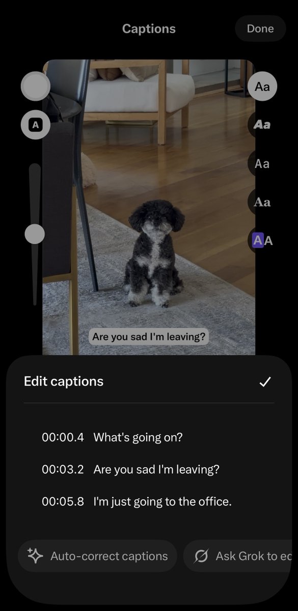 allegrajacchia's tweet photo. We just shipped an updated version of our native video editor -- cleaner, more intuitive, and much easier to use. As a video creator on 𝕏 myself, I’ve been loving it. 

We also shipped one of our most requested features: editable captions.

You can now:
• Edit generated captions manually
• Ask Grok to correct them for you
• Tell Grok exactly how you want them changed -- including translating them into another language

Captions are one of the simplest ways to keep people watching, especially when so many people watch video with the sound off. More improvements to the editor coming soon.

Huge thanks to @alxkikalia & @i_aliullov for their work on this!