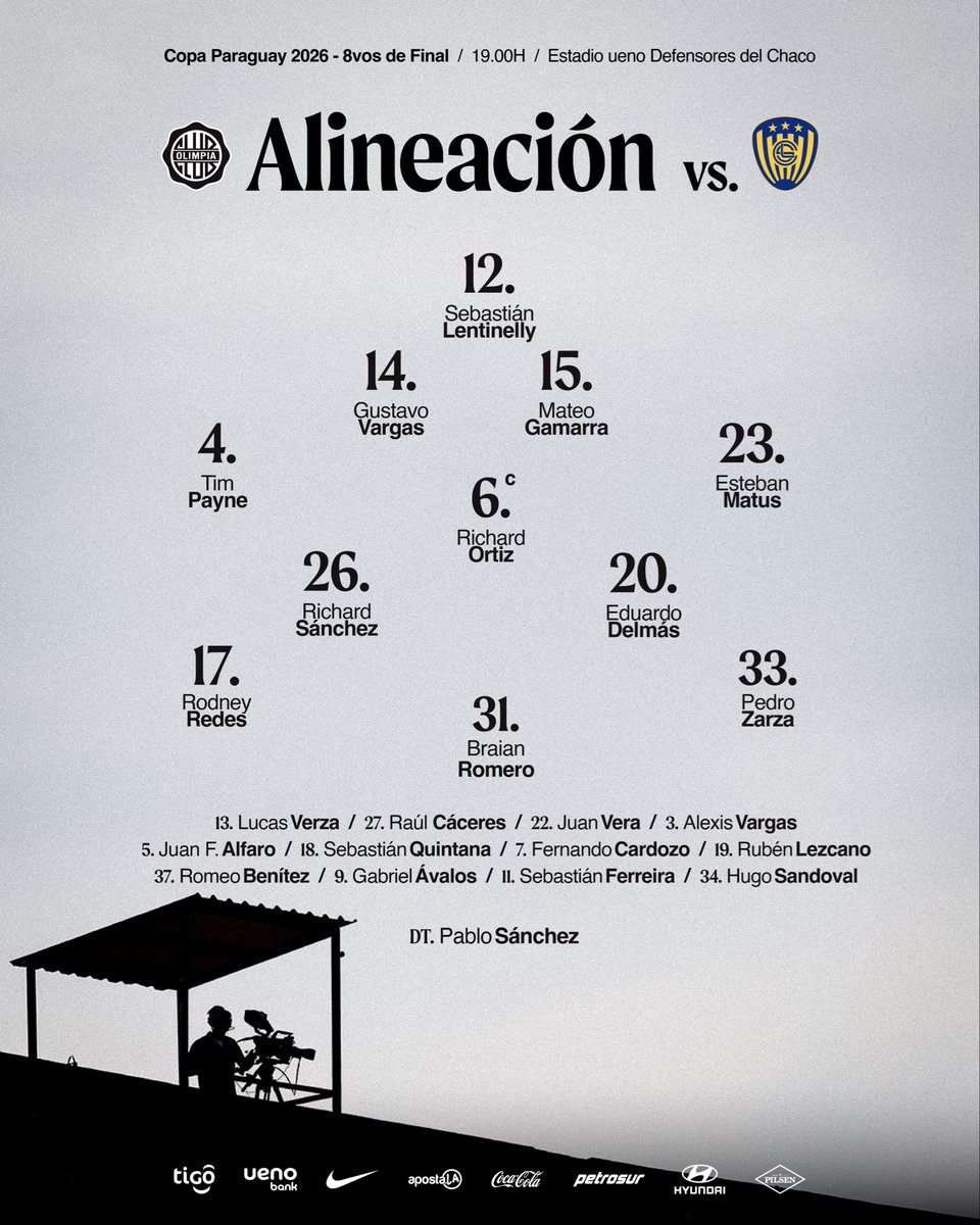 elClubOlimpia's tweet photo. 📋 𝐓𝐈𝐓𝐔𝐋𝐀𝐑𝐄𝐒 🆚️ Sportivo Luqueño en el Estadio ueno Defensores del Chaco.

¡Vamos, Rey de Copas! ⚔️ https://t.co/89IgjCCldd
