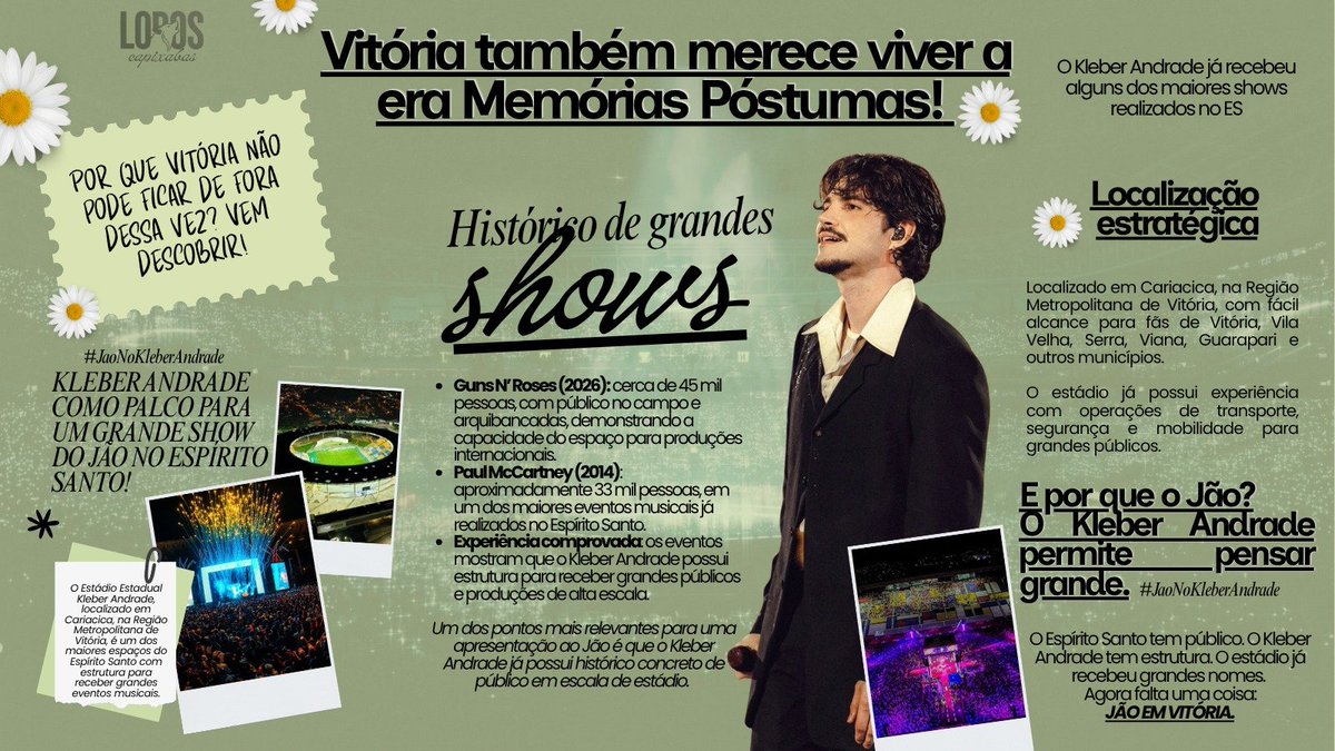 loboscapixabas's tweet photo. Vitória também merece viver a era Memórias Póstumas!

Depois de tanto tempo sem um novo show do Jão no Espírito Santo, decidimos reunir alguns motivos que mostram por que o nosso estado pode sim receber essa turnê. O Espírito Santo tem público, estrutura e histórico de grandes eventos. E além de tudo isso, tem muitos fãs esperando para viver essa era de perto.

#JaoNoKleberAndrade
